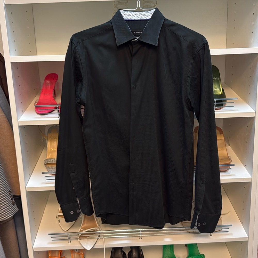 Men’s Black Printed Bugatchi Shaped Fit Dress Shirt Size Medium